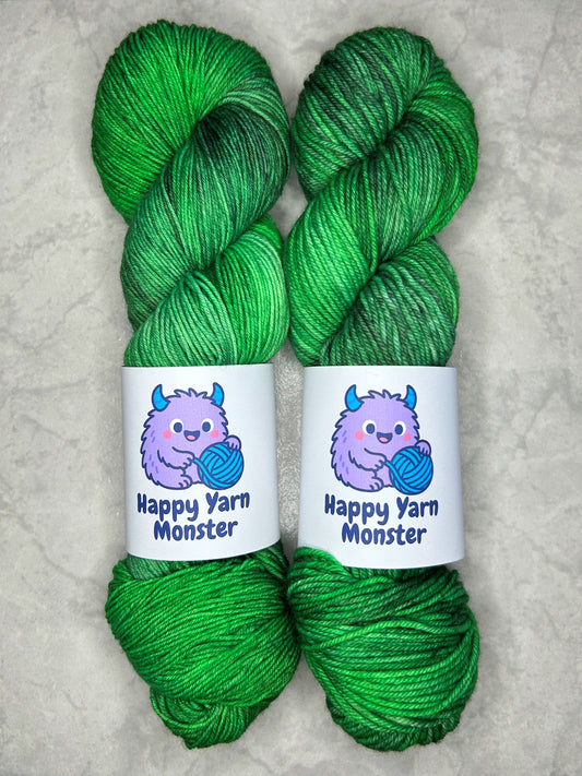 2 skeins of hand-dyed yarn, both in the colorway Forest Stroll, which have a green variegated base with darker and lighter greens. Both skeins have a "Happy Yarn Monster" label.
